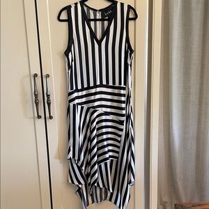 Nicole Miller Striped Silk Asymmetrical Handkerchief Hem Midi Dress, Size 10
